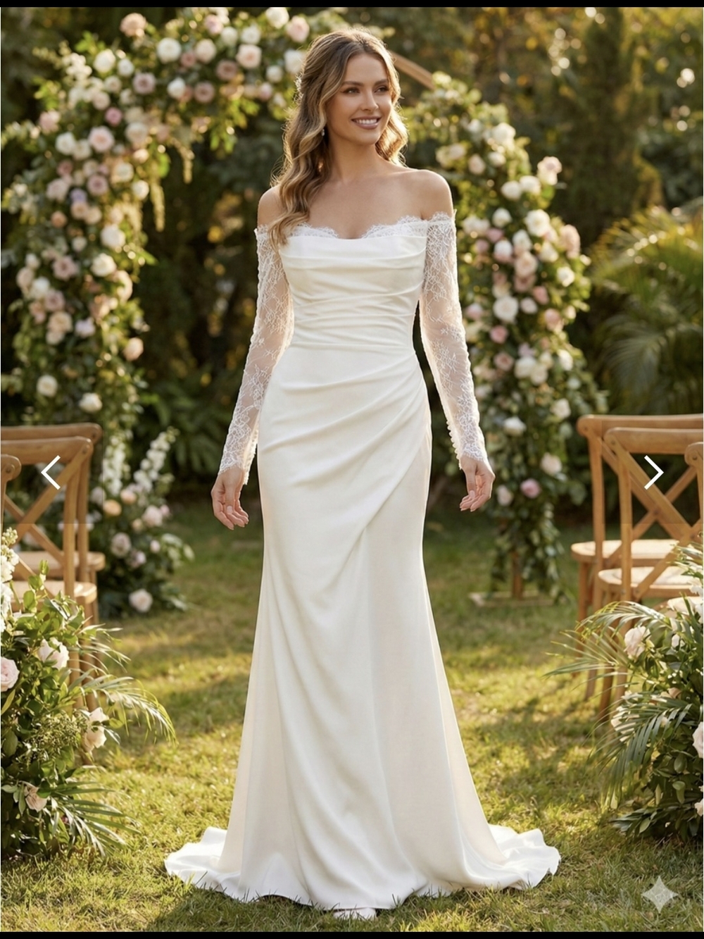 Off-Shoulder Ivory Bridal Gown with Lace Long Sleeves